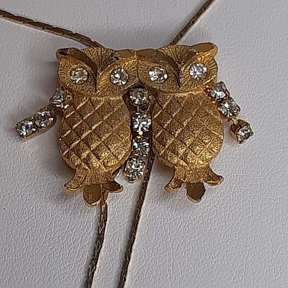 Vintage 70s Gold-Tone Double Owl Rhinestone Pendant Lariat Bolo 30" Necklace